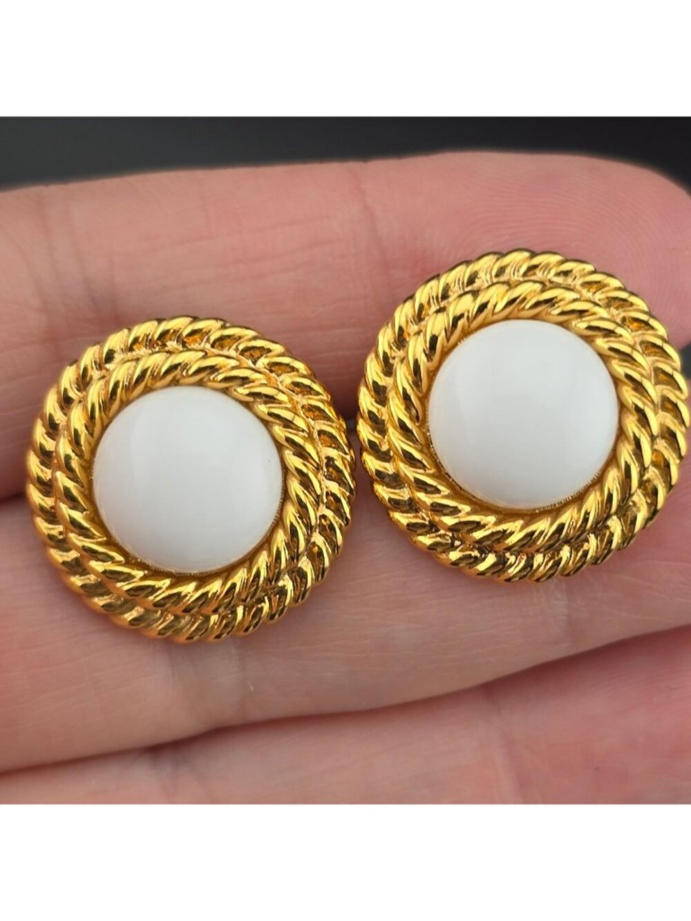 Vintage Napier Gold Tone Rope White Cabochon Pierced Earrings - Picture 2 of 9